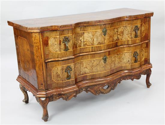 An 18th century Maltese olive wood and walnut serpentine commode, W.4ft 5in. D.1ft 10in. H.2ft 8in.